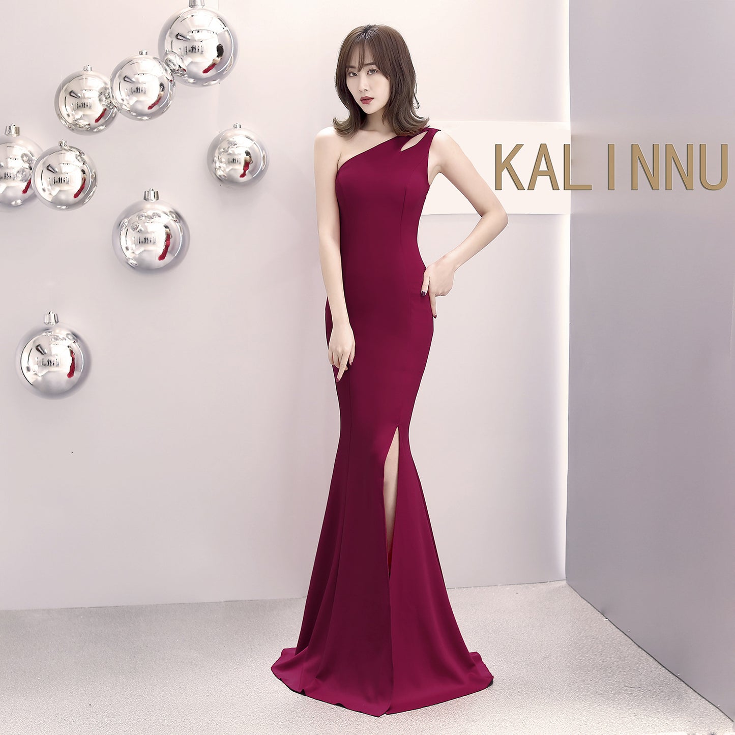 1012 #banquet evening dress long autumn and winter one-shoulder split slim-fitting fishtail dress hostess dress