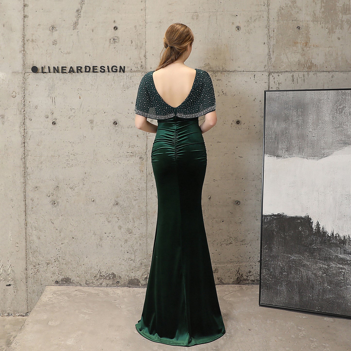 18110 #velvet beads hot diamond fishtail banquet elegant temperament annual meeting host car model party long dress female winter
