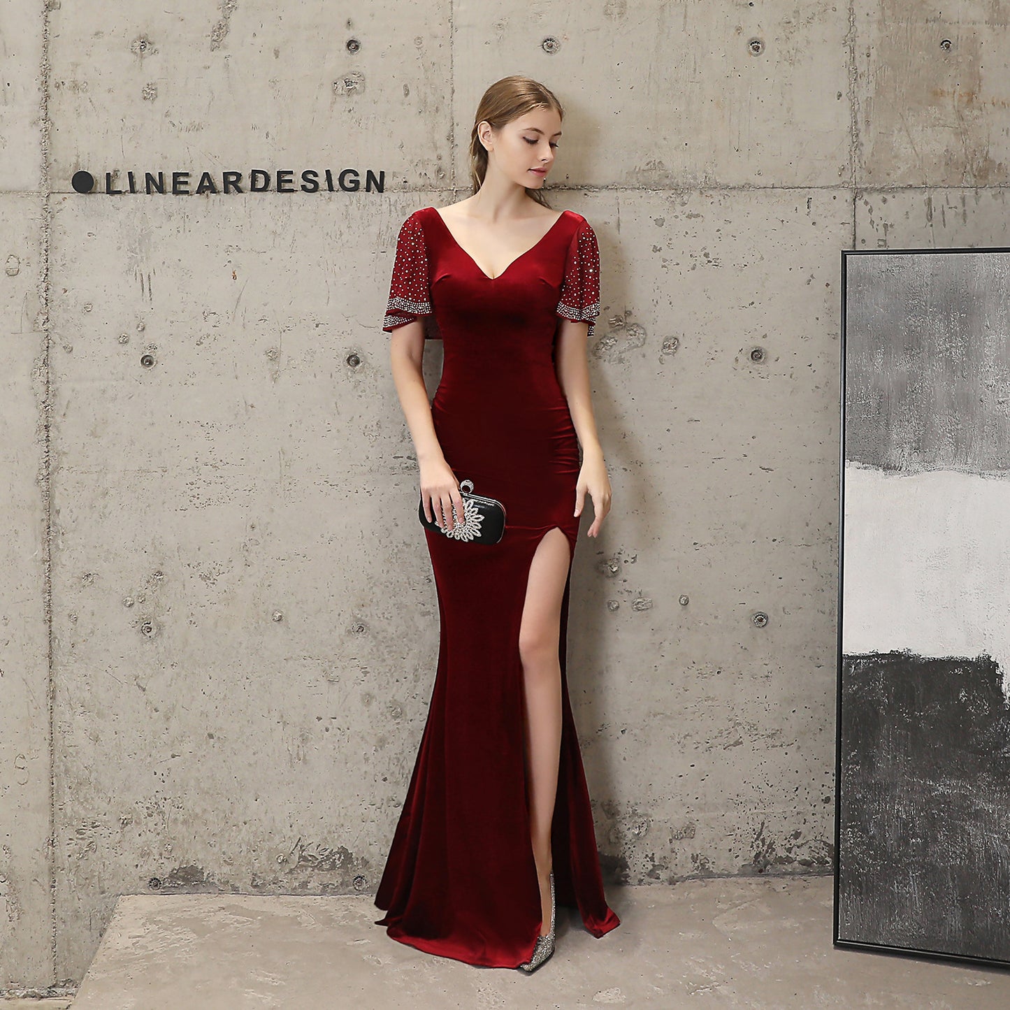 18110 #velvet beads hot diamond fishtail banquet elegant temperament annual meeting host car model party long dress female winter