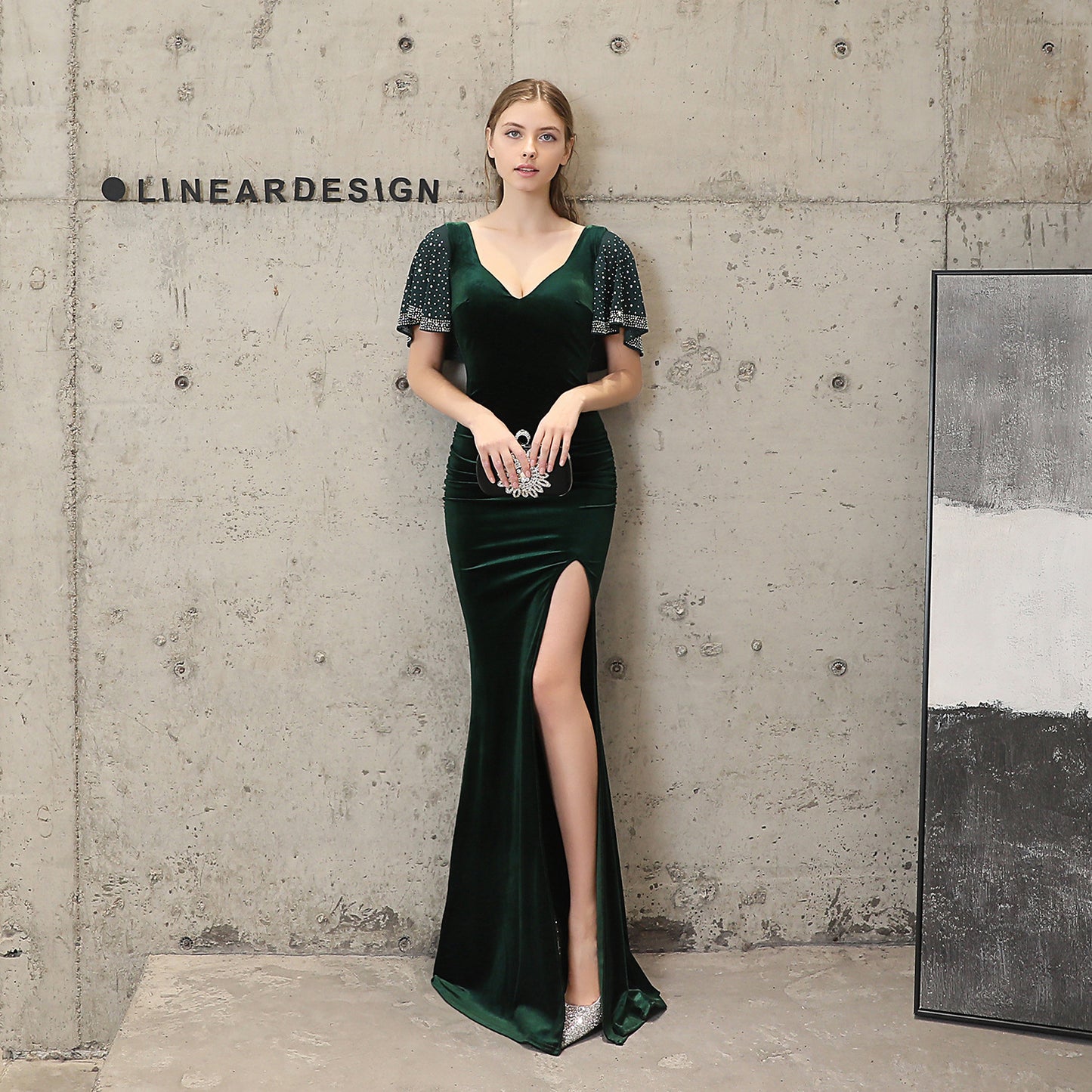 18110 #velvet beads hot diamond fishtail banquet elegant temperament annual meeting host car model party long dress female winter