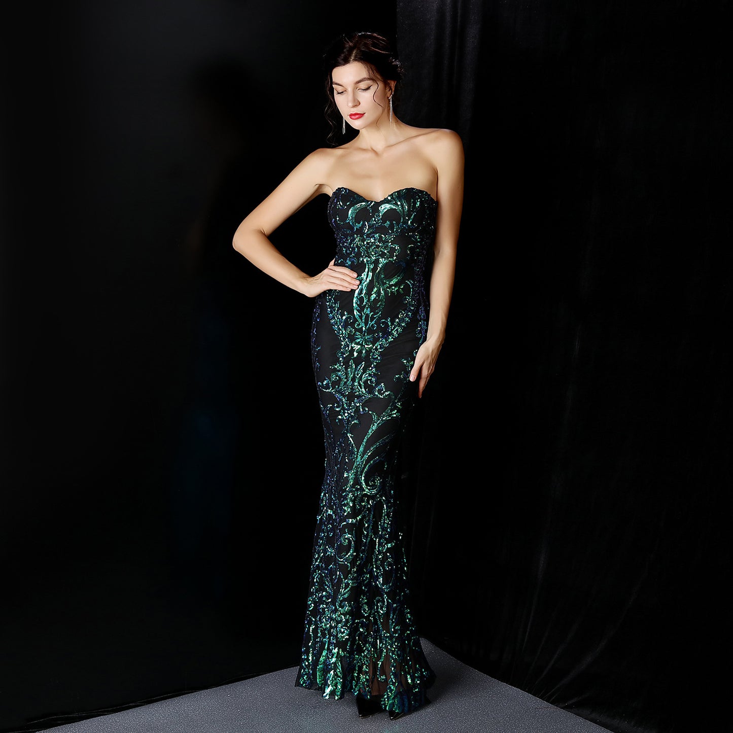 16398 #2020 New Front Short Back Long Sequin Long Dress Dress Ball Party Etiquette Celebration Evening Dress