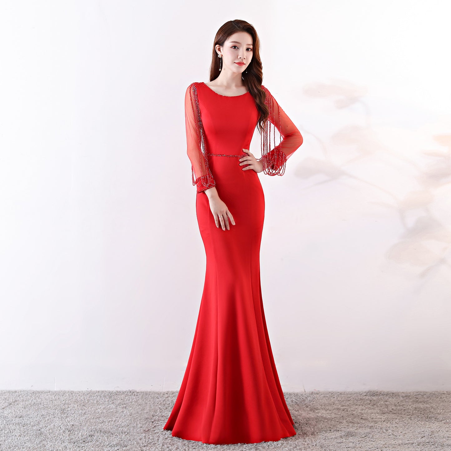 91267 #Bridal Toast New Autumn Long Sleeve Rhinestone Chain Fishtail Long Evening Dress Sexy Trailing Woman