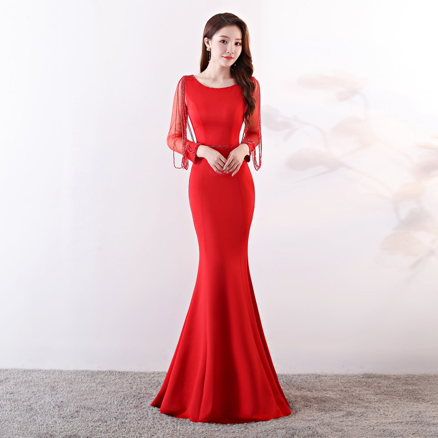 91267 #Bridal Toast New Autumn Long Sleeve Rhinestone Chain Fishtail Long Evening Dress Sexy Trailing Woman