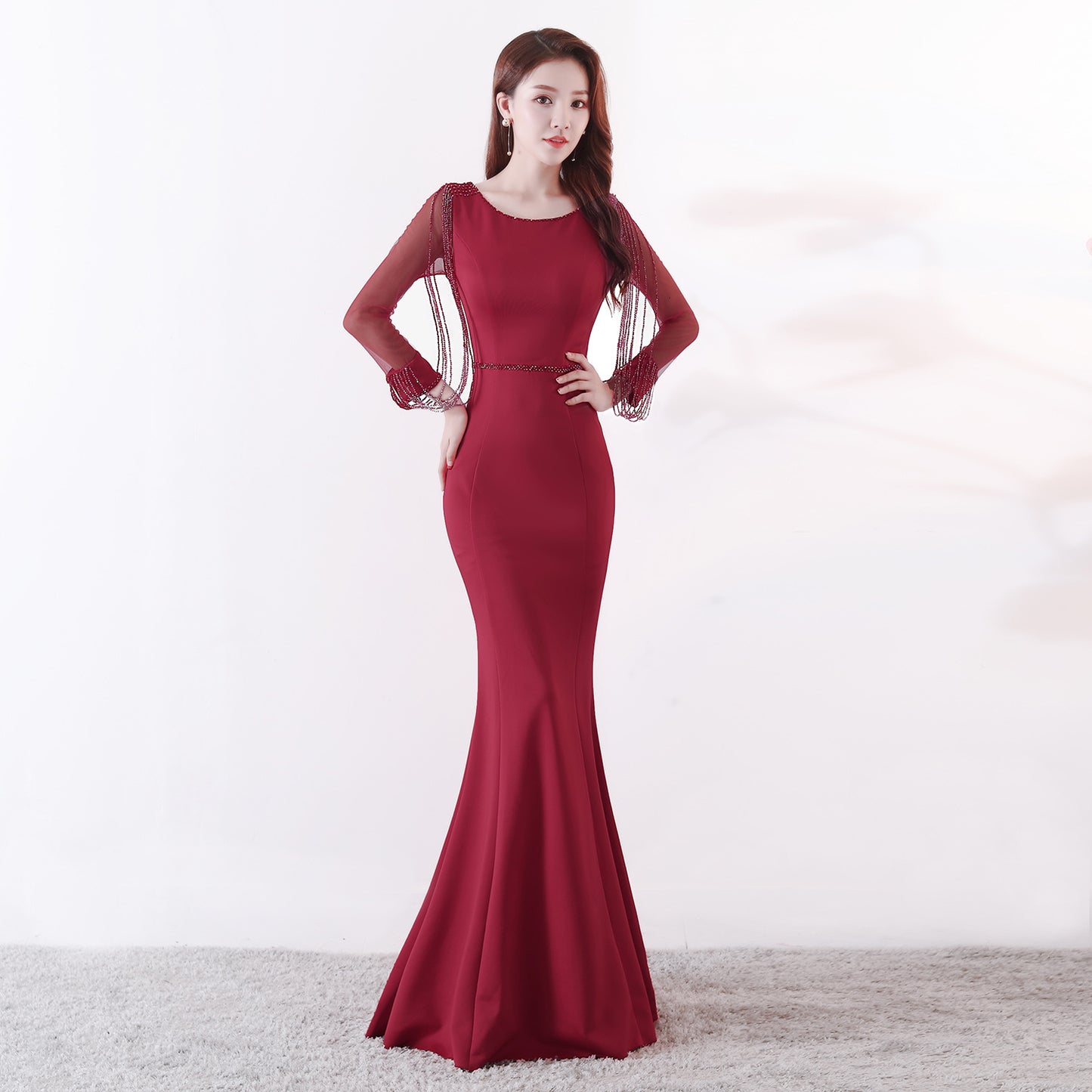 91267 #Bridal Toast New Autumn Long Sleeve Rhinestone Chain Fishtail Long Evening Dress Sexy Trailing Woman