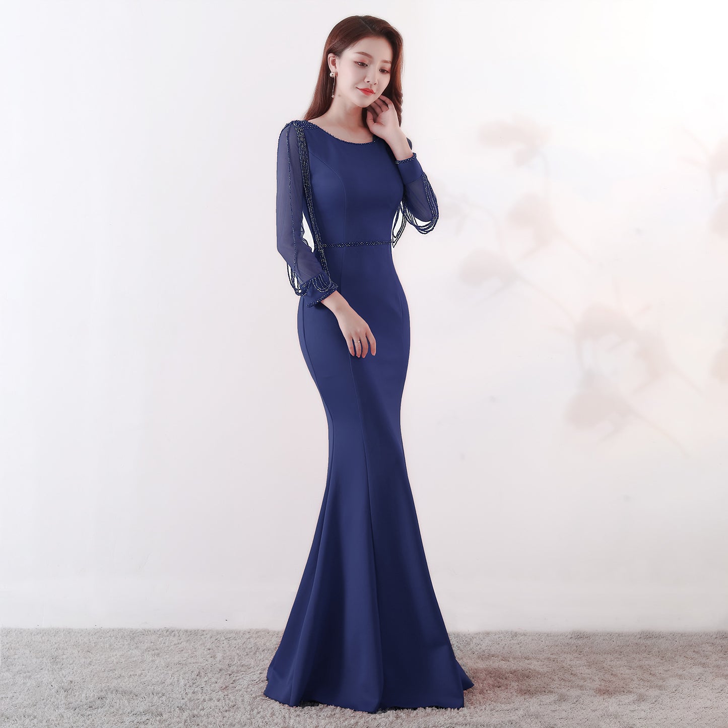 91267 #Bridal Toast New Autumn Long Sleeve Rhinestone Chain Fishtail Long Evening Dress Sexy Trailing Woman