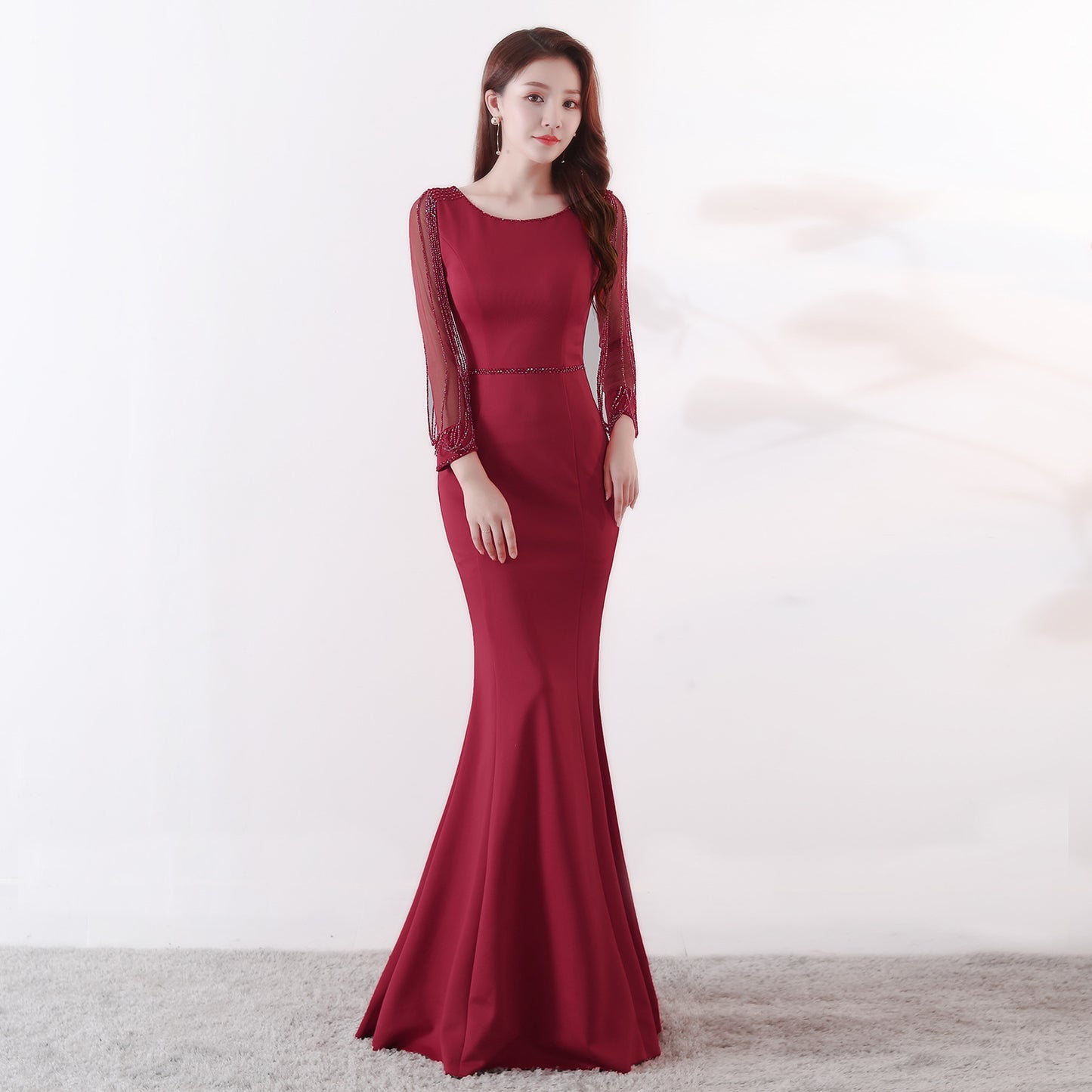 91267 #Bridal Toast New Autumn Long Sleeve Rhinestone Chain Fishtail Long Evening Dress Sexy Trailing Woman