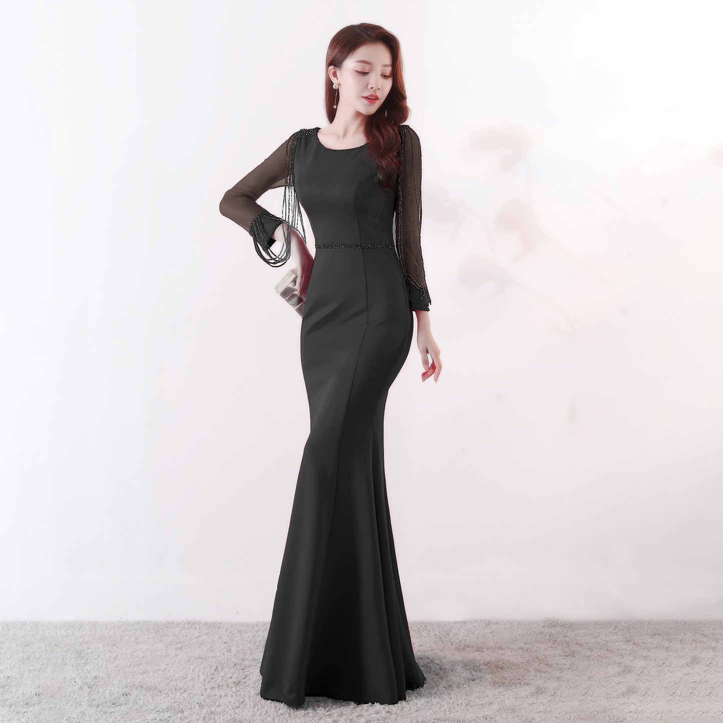 91267 #Bridal Toast New Autumn Long Sleeve Rhinestone Chain Fishtail Long Evening Dress Sexy Trailing Woman