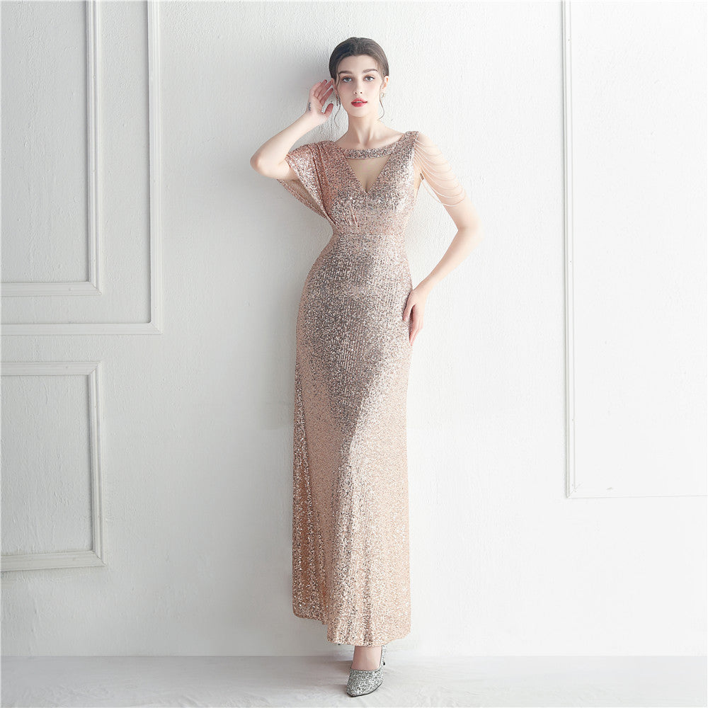 19932 #Hot trade craft bead lotus leaf sleeve mesh perspective bridesmaid etiquette celebration dinner long evening dress