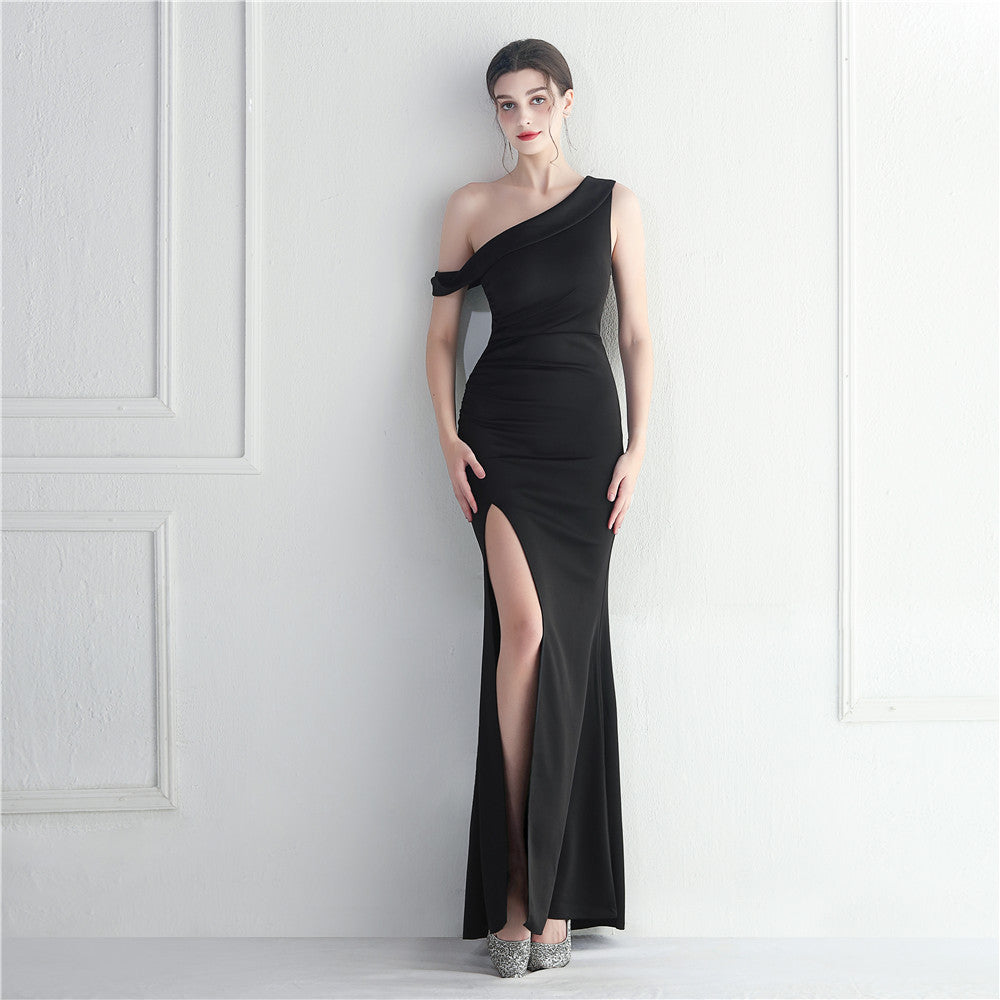 19637 #Hot trade explosion bridesmaid etiquette wedding formal settings single shoulder oblique collar slim long evening dress