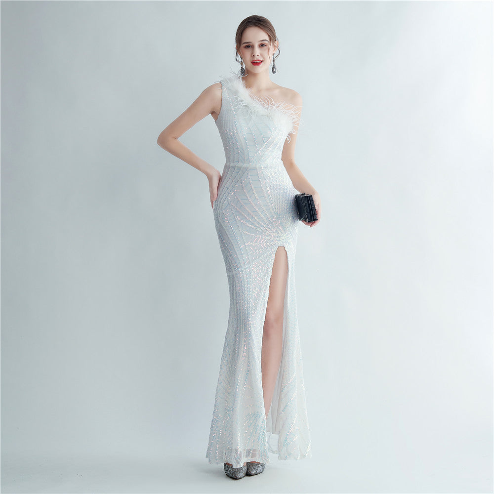 31215 #Popular trade 2025 high-density ostrich hair sequin positioning flower slanted shoulder collar high-end evening dress