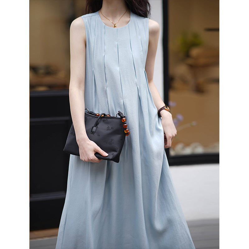 2025 popular summer new retro sleeveless dress women's Korean round neck solid color loose and comfortable skirt 4188