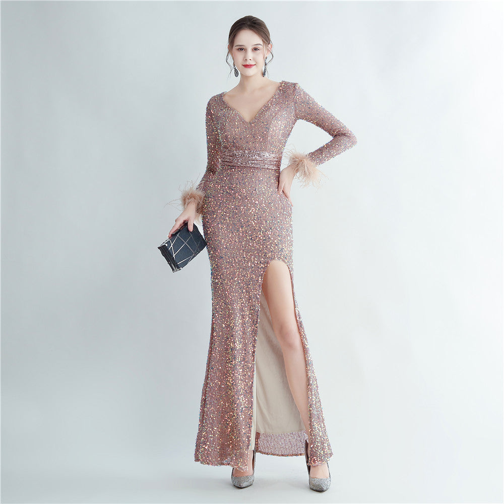 31207 #Hot trade boutique ostrich hair cuff design side split fork long sleeve sequined fishtail evening dress