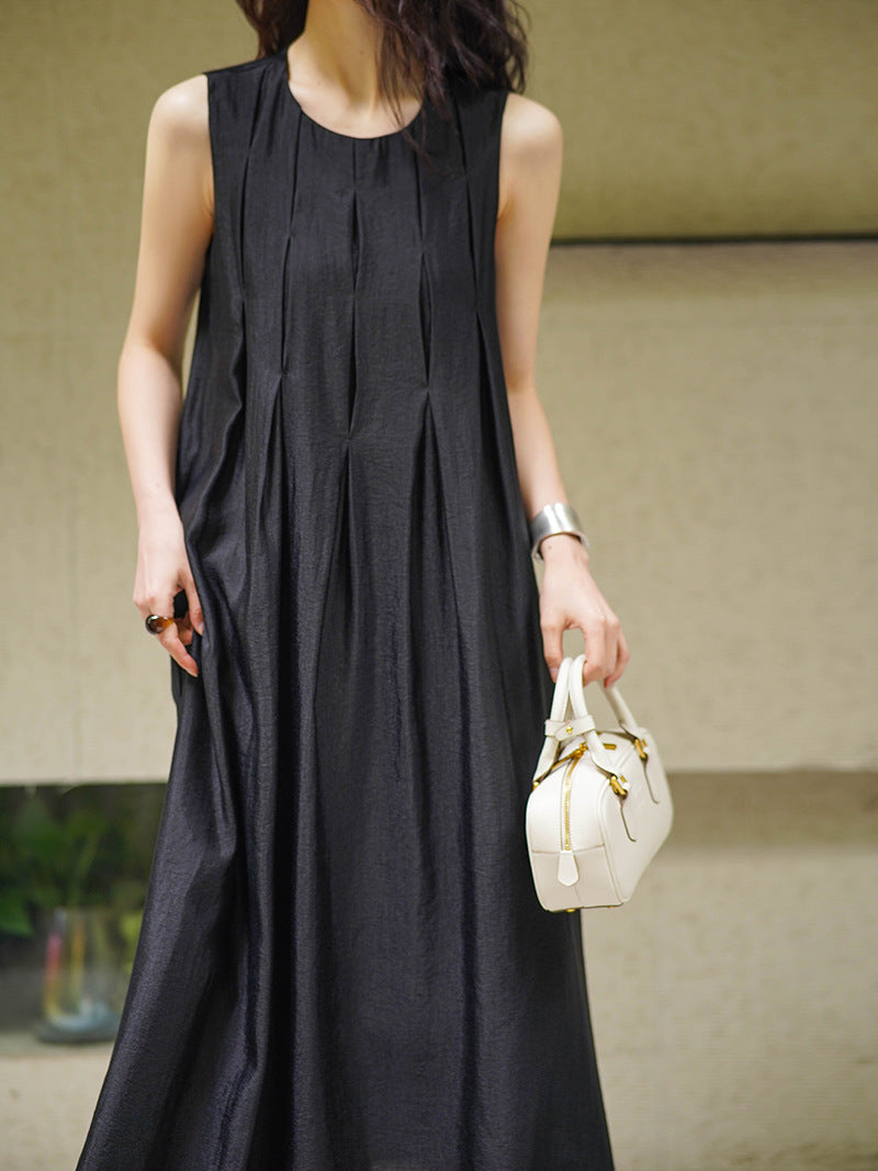 2025 popular summer new retro sleeveless dress women's Korean round neck solid color loose and comfortable skirt 4188