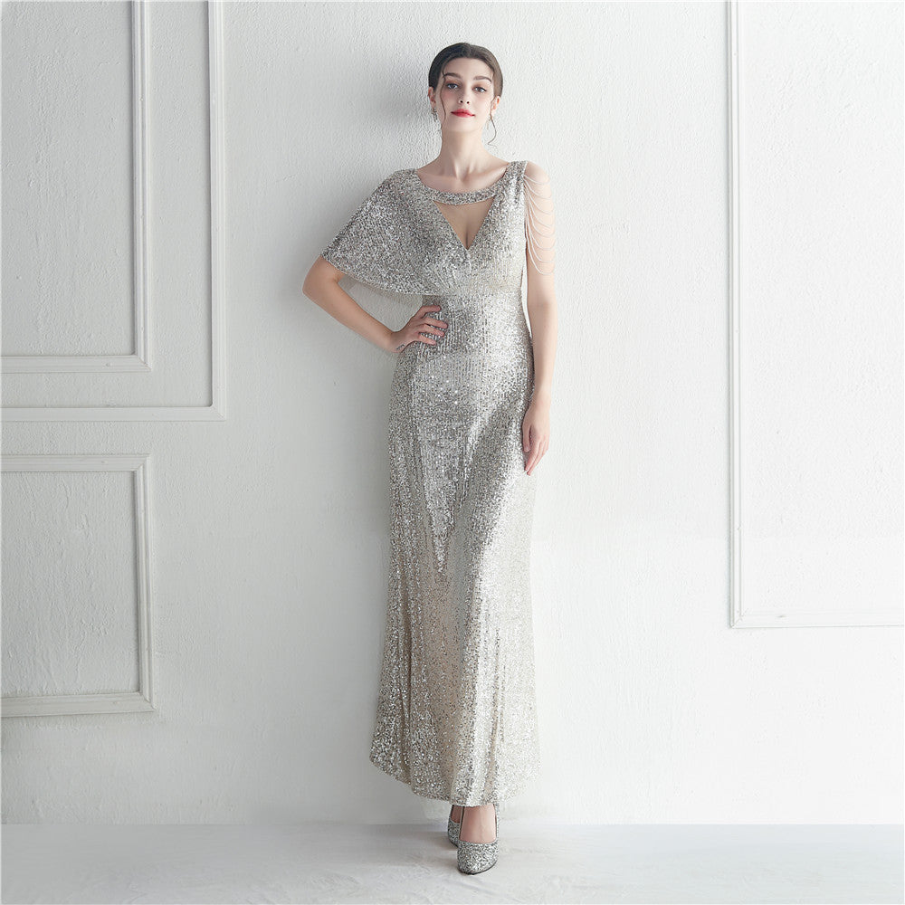 19932 #Hot trade craft bead lotus leaf sleeve mesh perspective bridesmaid etiquette celebration dinner long evening dress