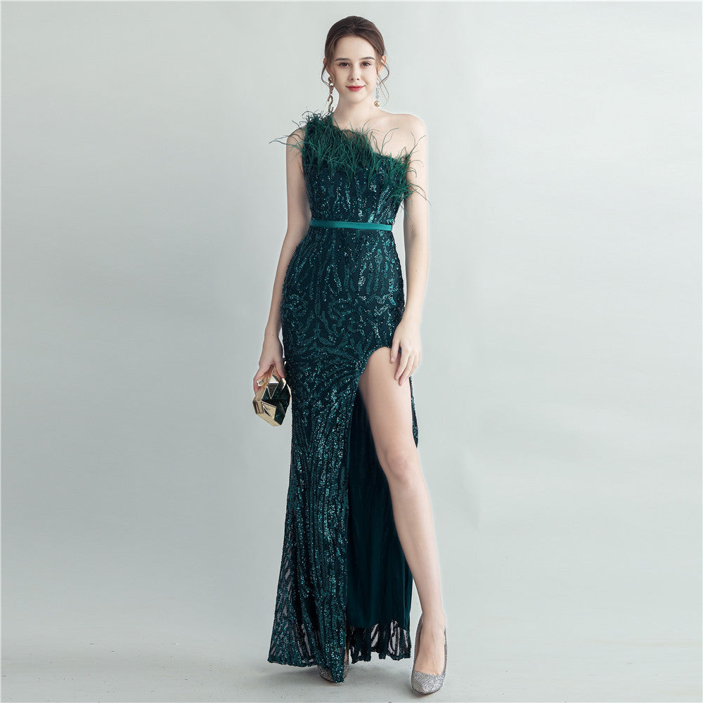 31185 #Cross-border heavy industry ostrich hair craft bundle slant shoulder side split high-end evening dress