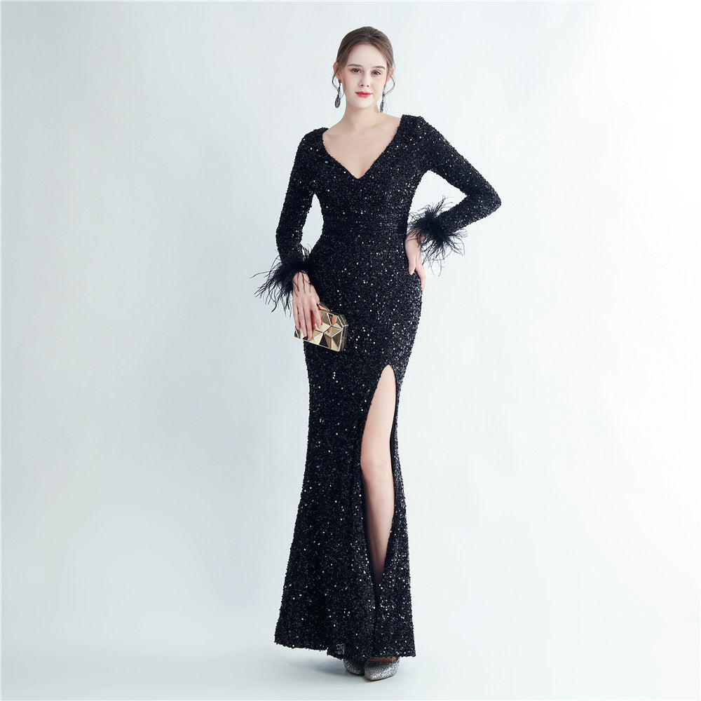 31207 #Hot trade boutique ostrich hair cuff design side split fork long sleeve sequined fishtail evening dress