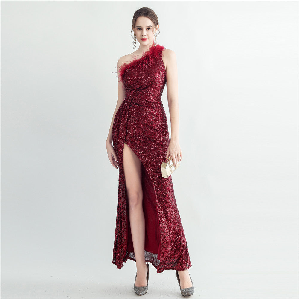 31209 #2025 hand-nailed ostrich hair slanted shoulder Roman collar high-end sequined evening dress