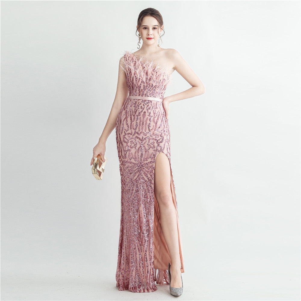 31185 #Cross-border heavy industry ostrich hair craft bundle slant shoulder side split high-end evening dress