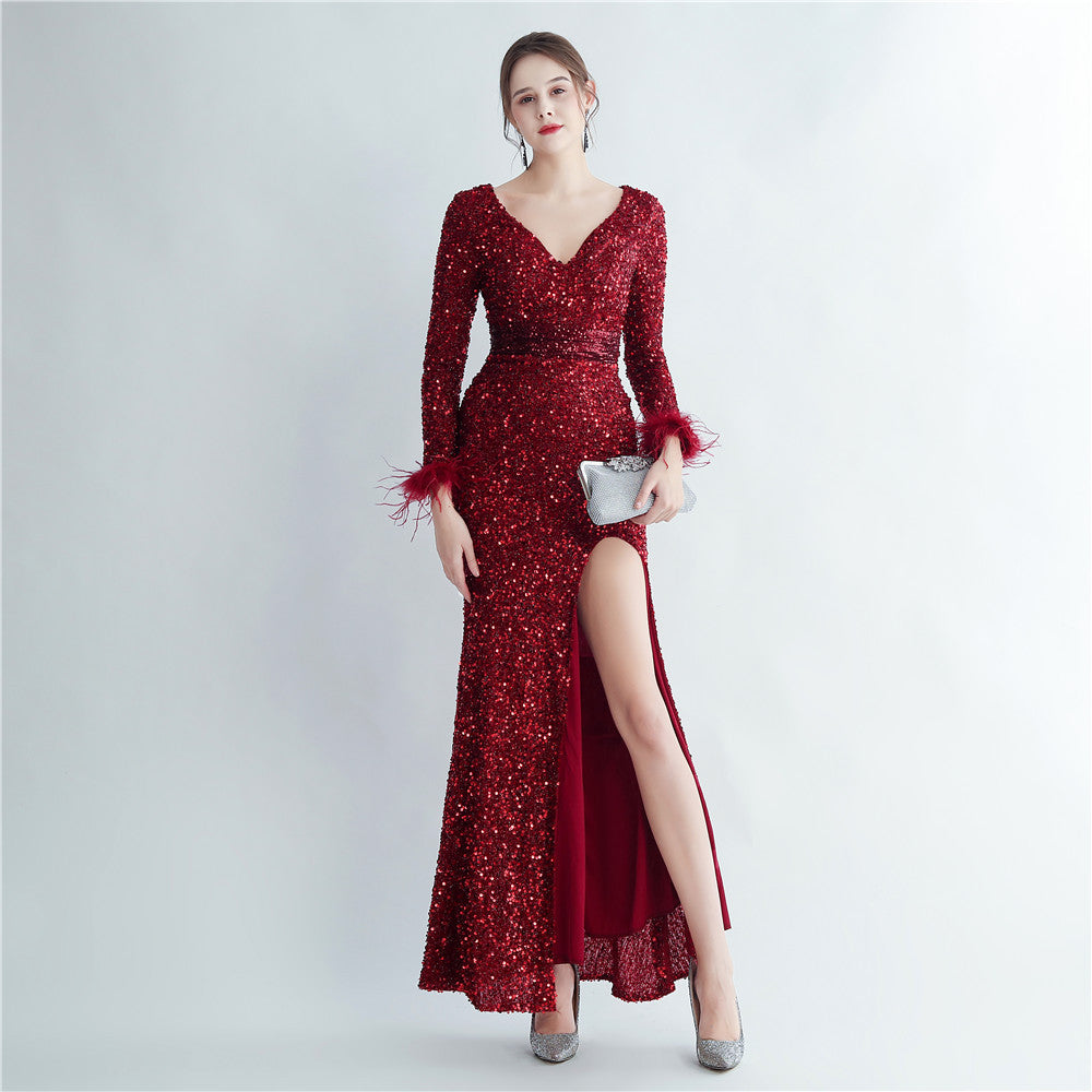 31207 #Hot trade boutique ostrich hair cuff design side split fork long sleeve sequined fishtail evening dress