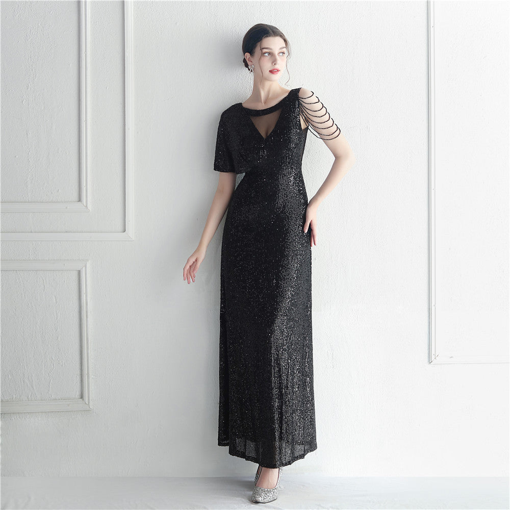 19932 #Hot trade craft bead lotus leaf sleeve mesh perspective bridesmaid etiquette celebration dinner long evening dress