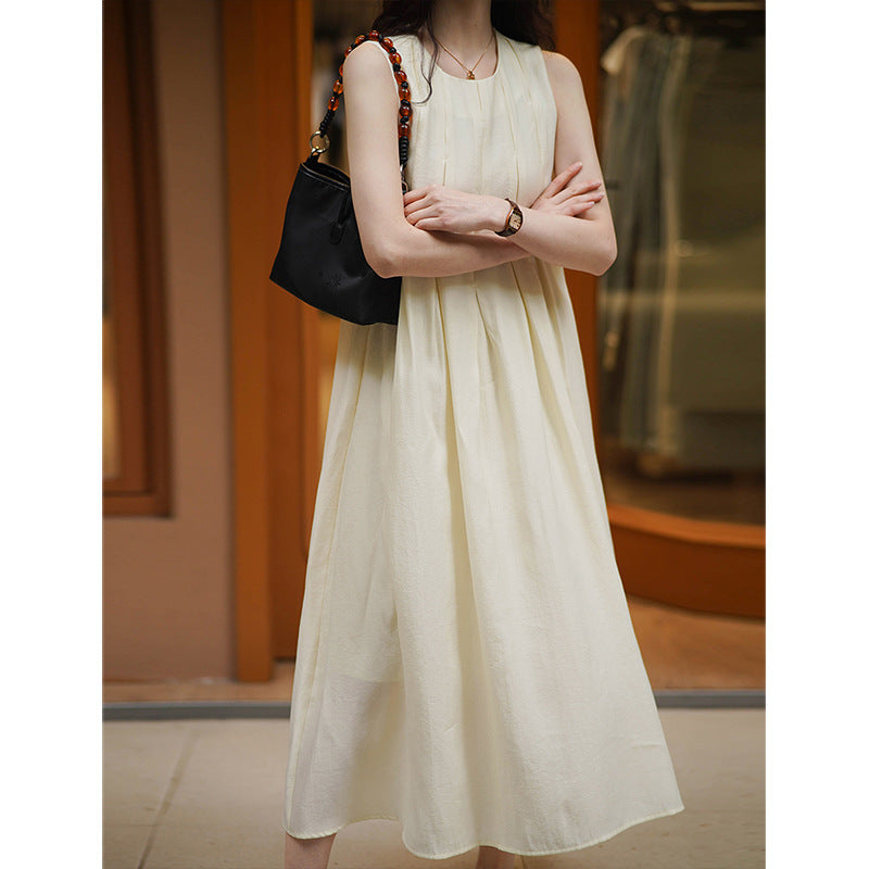 2025 popular summer new retro sleeveless dress women's Korean round neck solid color loose and comfortable skirt 4188