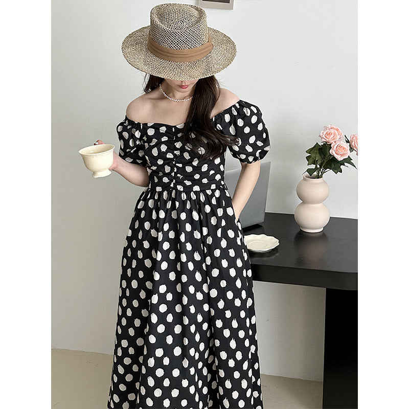2025 summer temperament bubble sleeves one-word shoulder polka dot dress retro Korean large skirt 23020