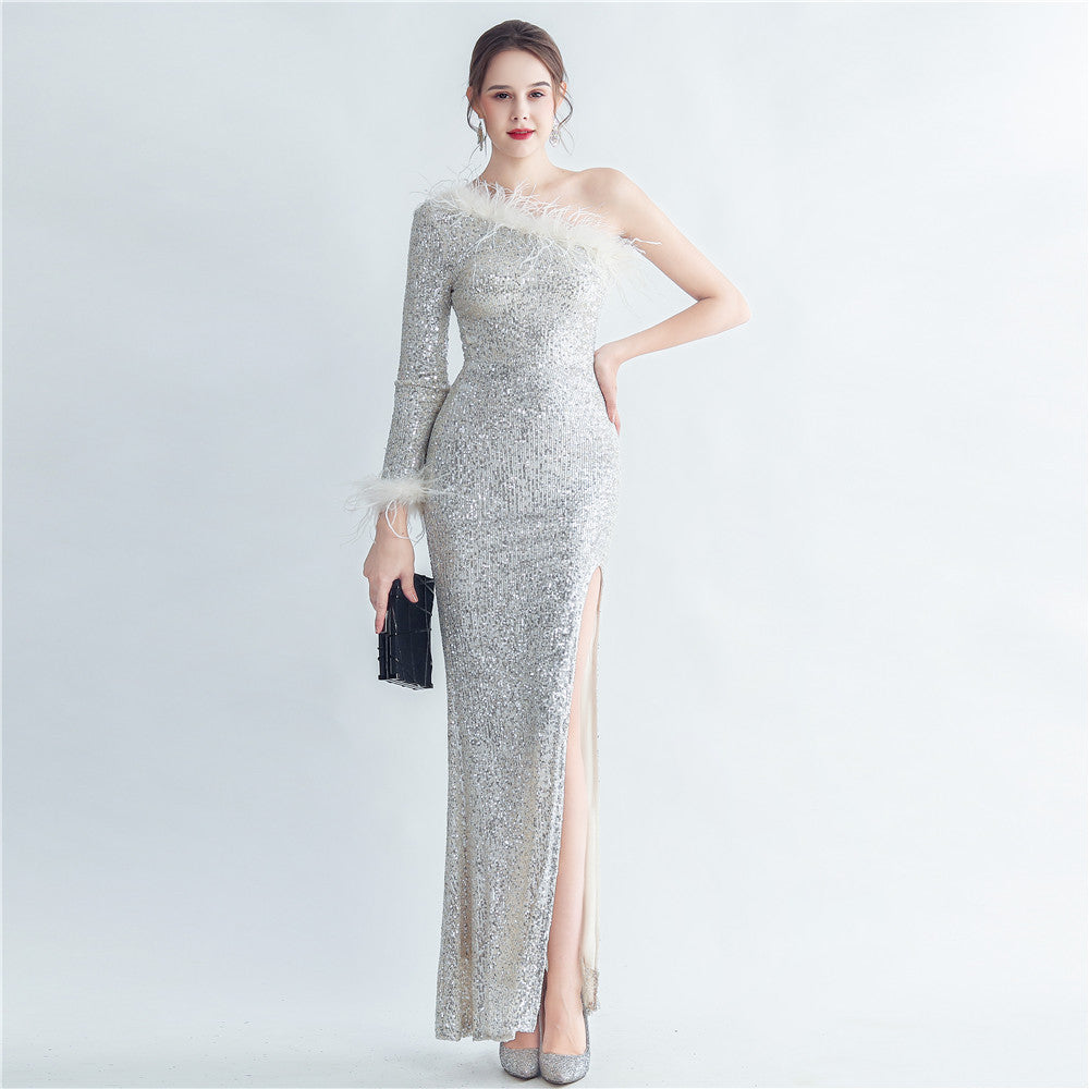 31208 #Hot trade craft ostrich hair decoration slanted shoulder Roman collar side split high-end evening dress