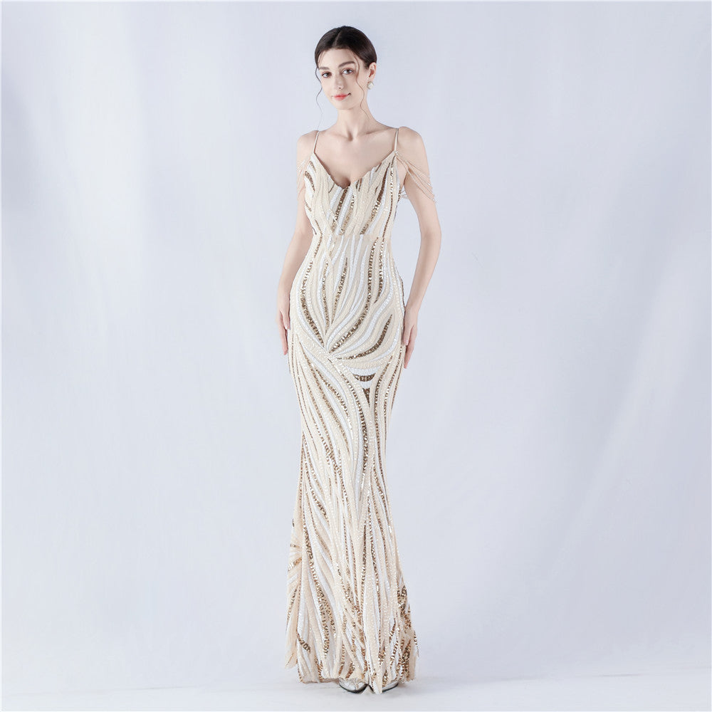 33028 #Hot trade new sequined striped color matching slim-fitting dinner host annual meeting suspender long dress women