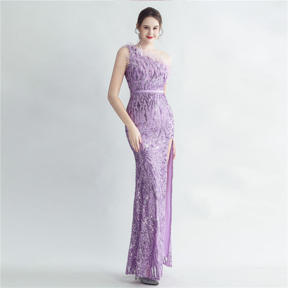 31185 #Cross-border heavy industry ostrich hair craft bundle slant shoulder side split high-end evening dress