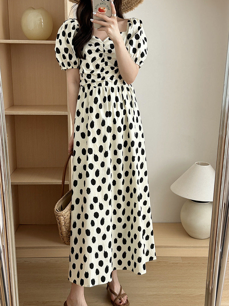 2025 summer temperament bubble sleeves one-word shoulder polka dot dress retro Korean large skirt 23020