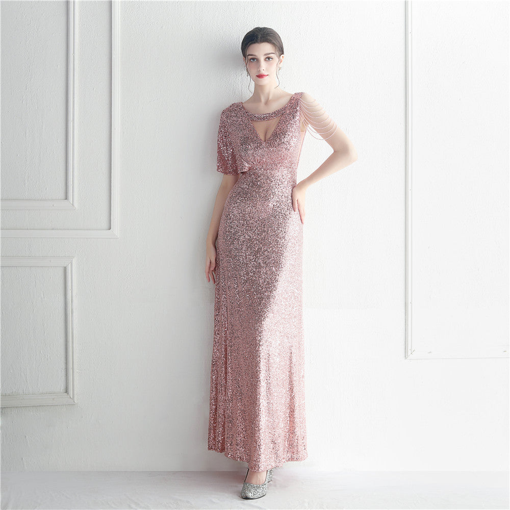 19932 #Hot trade craft bead lotus leaf sleeve mesh perspective bridesmaid etiquette celebration dinner long evening dress