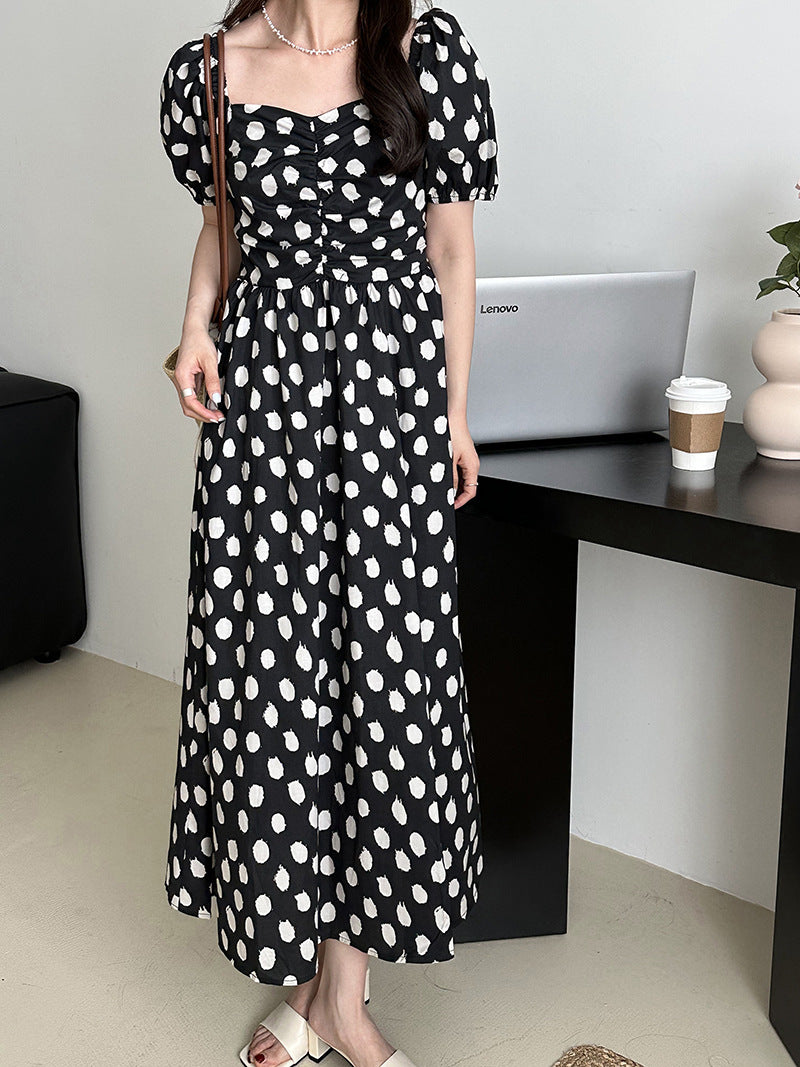 2025 summer temperament bubble sleeves one-word shoulder polka dot dress retro Korean large skirt 23020
