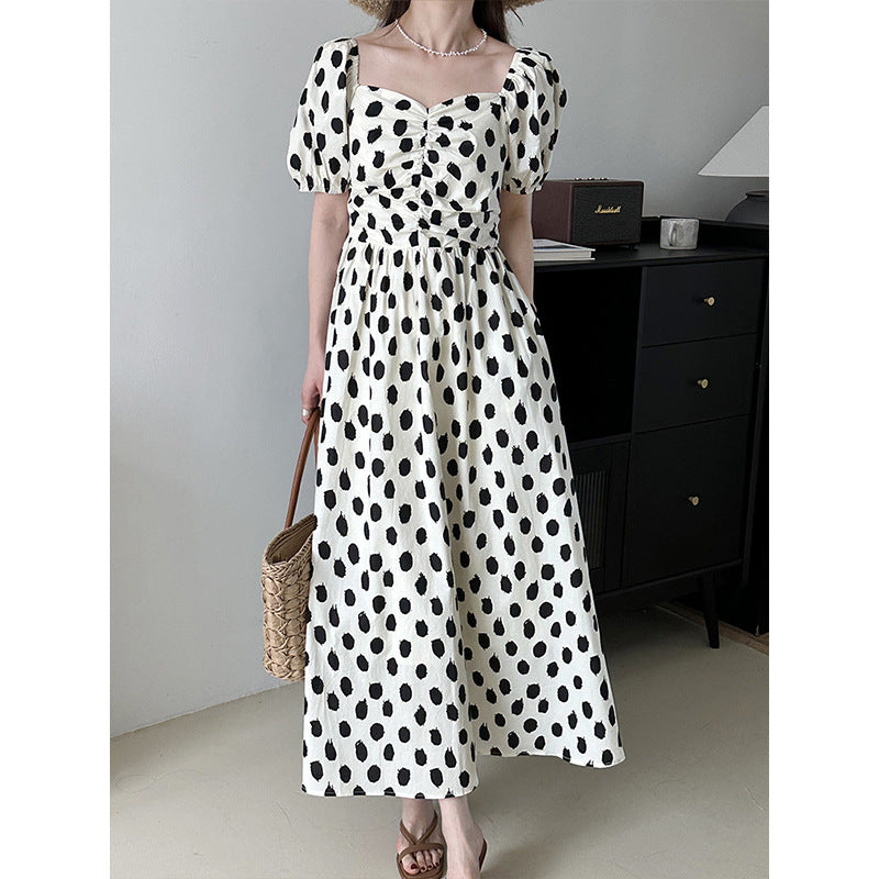 2025 summer temperament bubble sleeves one-word shoulder polka dot dress retro Korean large skirt 23020