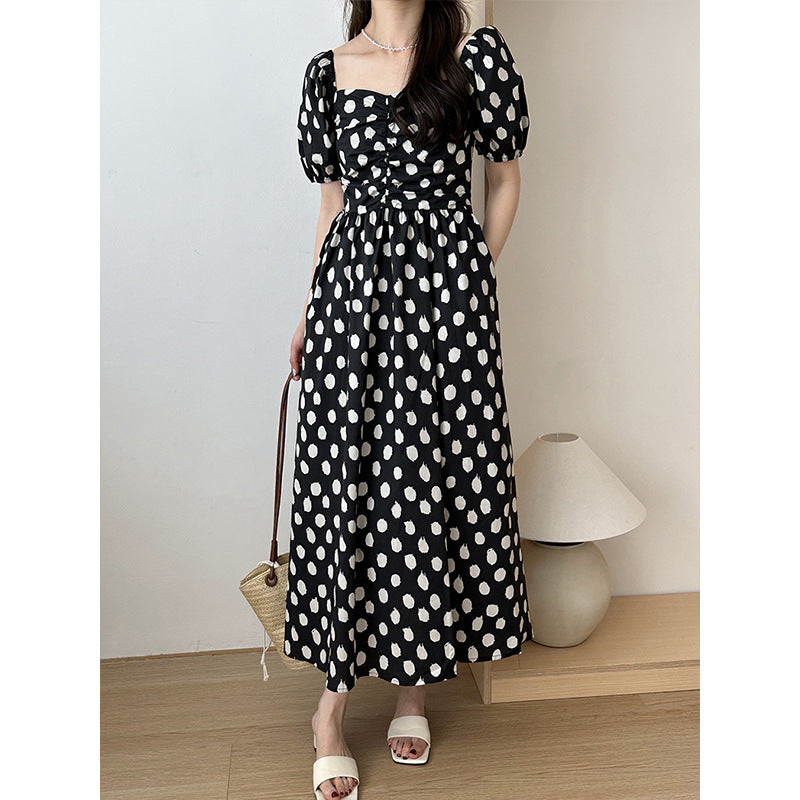 2025 summer temperament bubble sleeves one-word shoulder polka dot dress retro Korean large skirt 23020