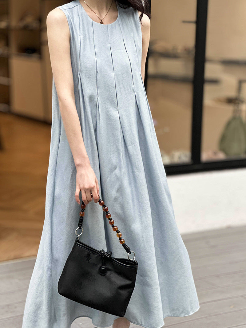 2025 popular summer new retro sleeveless dress women's Korean round neck solid color loose and comfortable skirt 4188