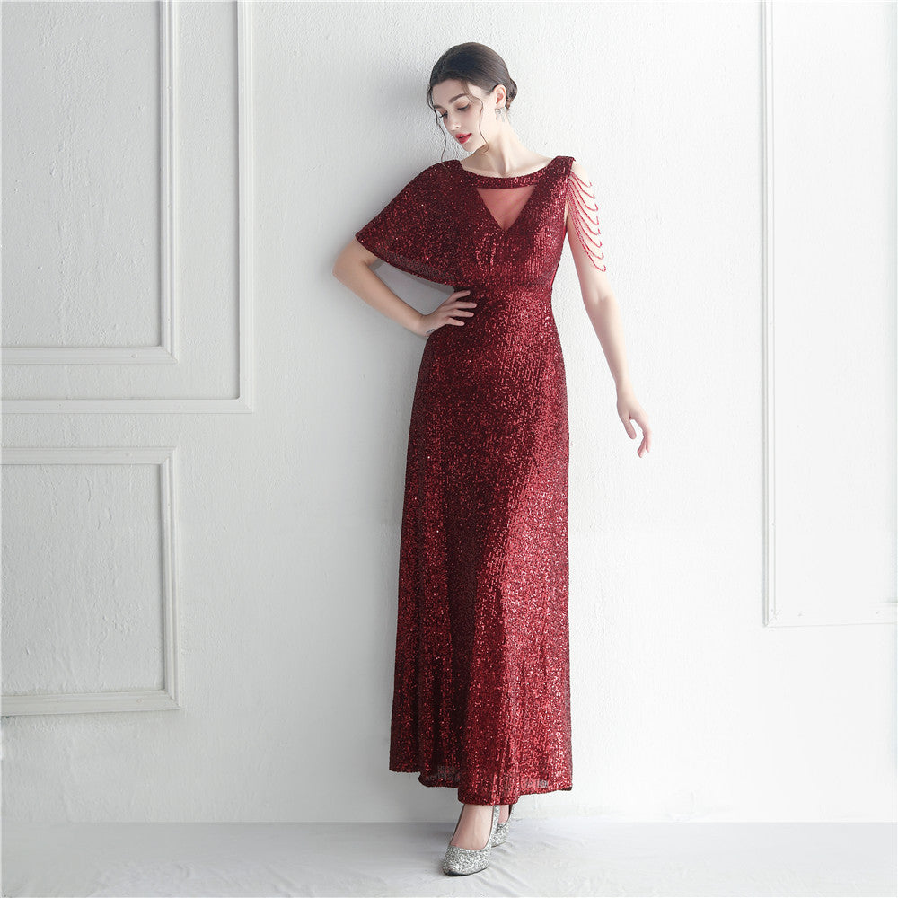 19932 #Hot trade craft bead lotus leaf sleeve mesh perspective bridesmaid etiquette celebration dinner long evening dress