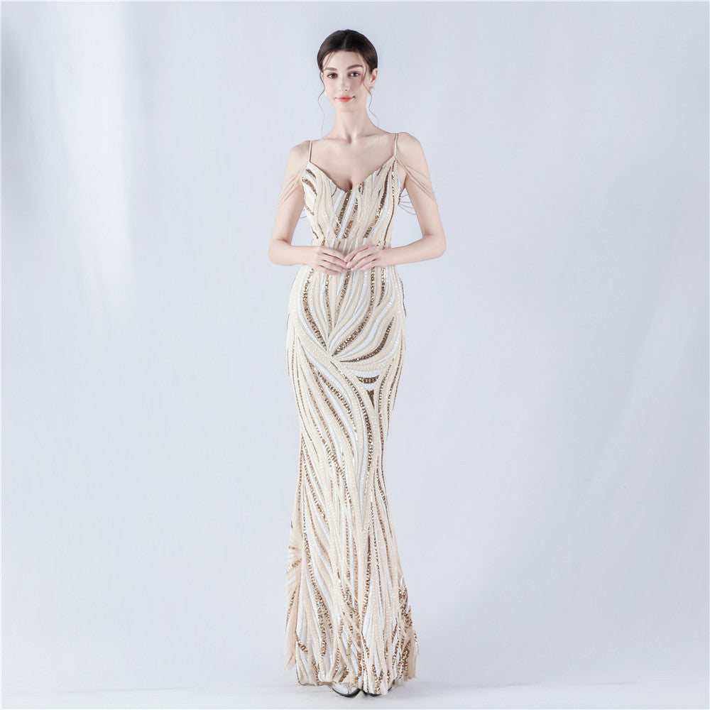 33028 #Hot trade new sequined striped color matching slim-fitting dinner host annual meeting suspender long dress women