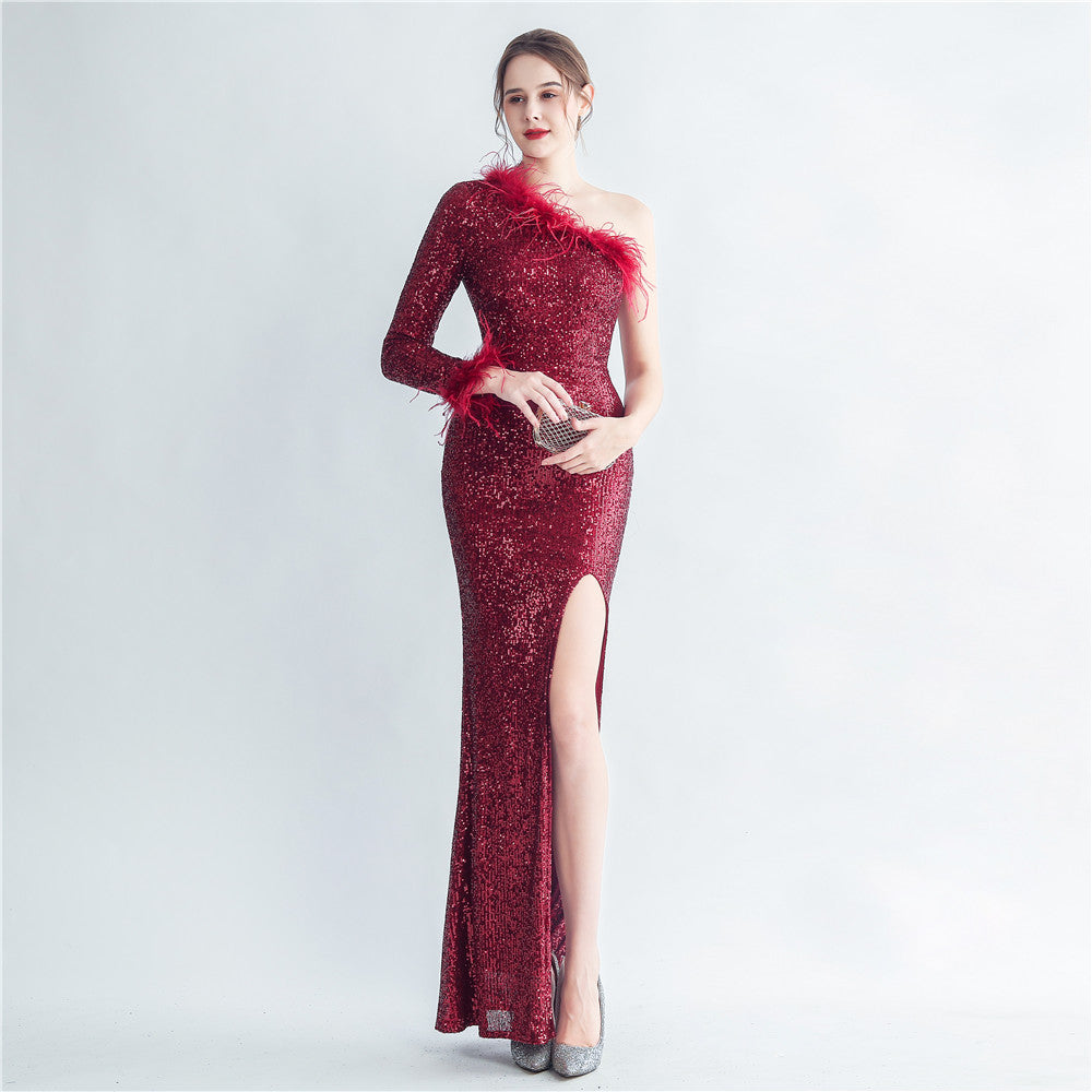 31208 #Hot trade craft ostrich hair decoration slanted shoulder Roman collar side split high-end evening dress