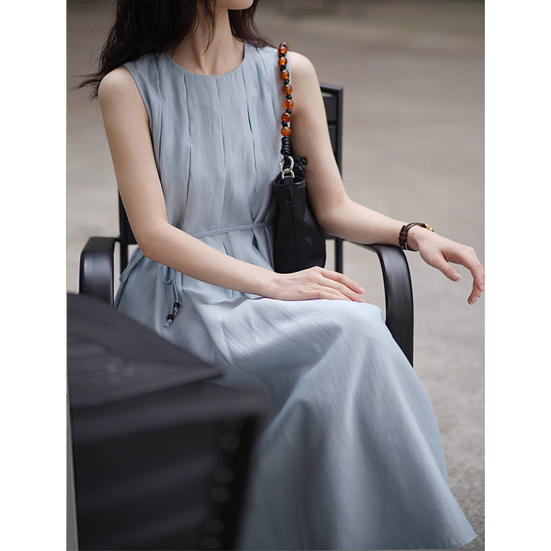 2025 popular summer new retro sleeveless dress women's Korean round neck solid color loose and comfortable skirt 4188
