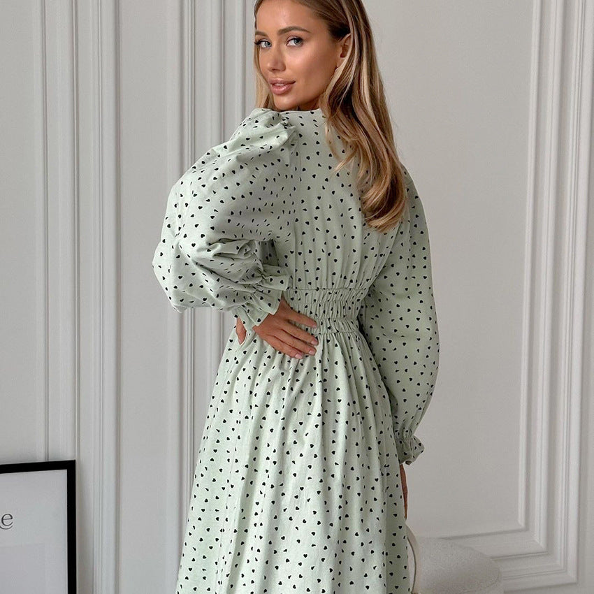 2025 popular Summer Fresh Green Cotton and Linen Sexy V-Neck Bubble Sleeve Dress Fashion High Waist Printed Short Dress