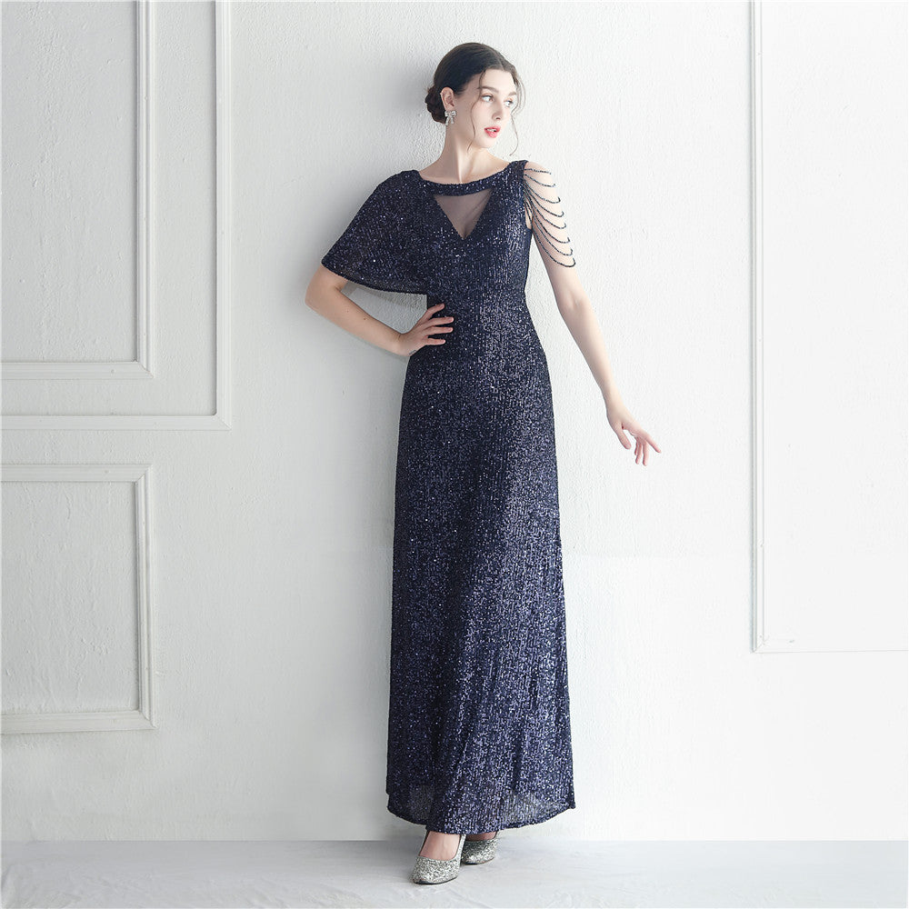 19932 #Hot trade craft bead lotus leaf sleeve mesh perspective bridesmaid etiquette celebration dinner long evening dress