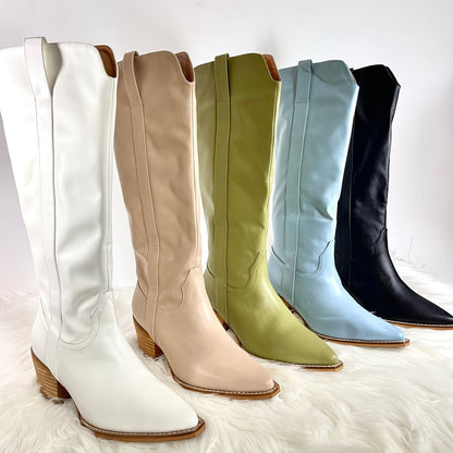 Western Cowgirl Boots - Elevated Knee-High Fashion Boots with Pointed Toe, Chunky Heel, and Solid Color - Womens Cowboy Boots for Country Chic Style
