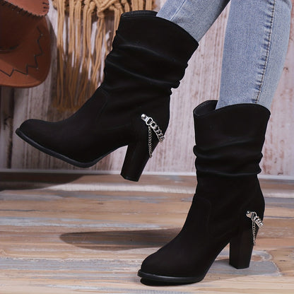 Trendy Womens Slip-On Booties - Luxurious Suedette, Comfortable Block Heel, Chic Slouch Design with Eye-Catching Chain Detail