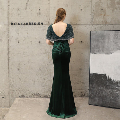18110 #velvet beads hot diamond fishtail banquet elegant temperament annual meeting host car model party long dress female winter