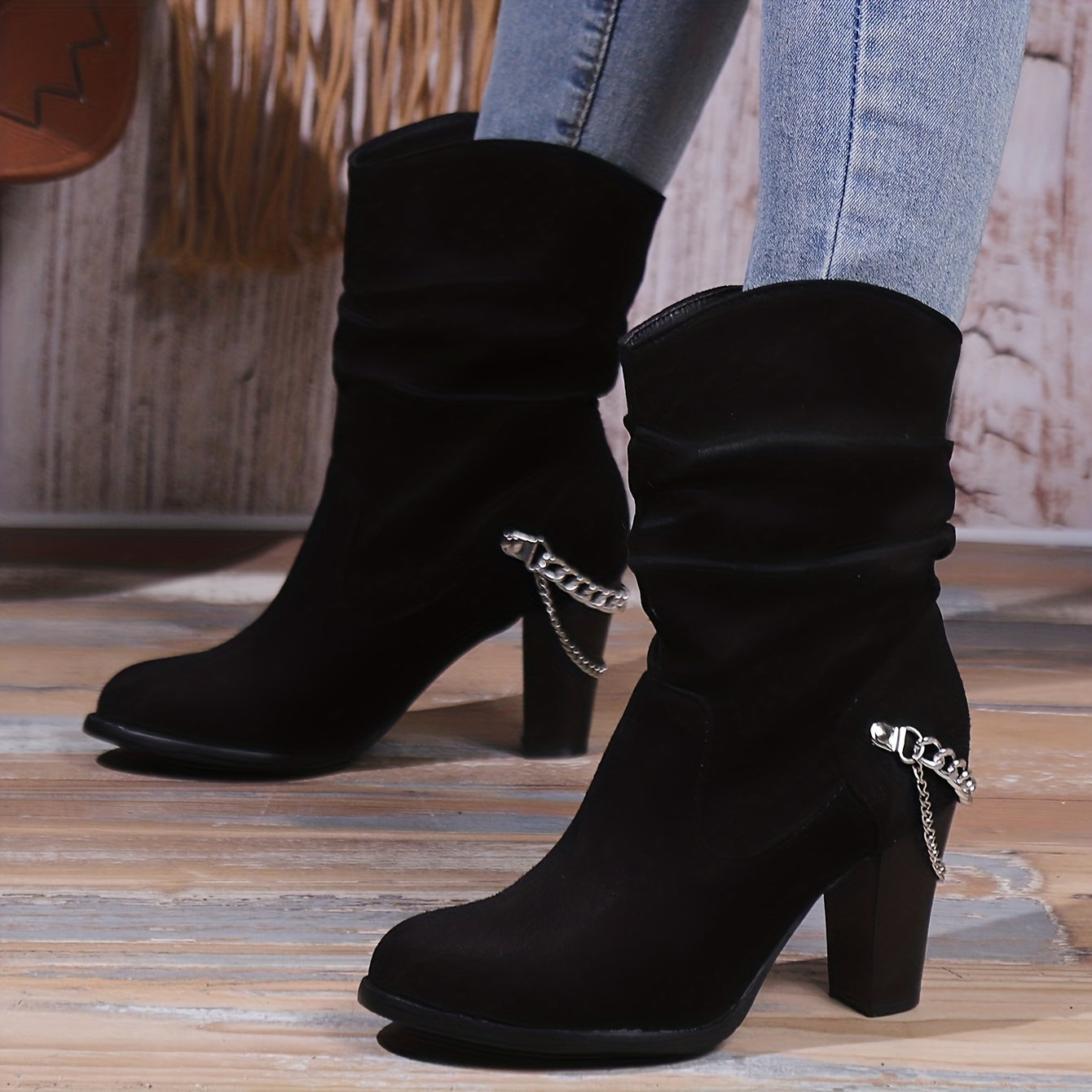 Trendy Womens Slip-On Booties - Luxurious Suedette, Comfortable Block Heel, Chic Slouch Design with Eye-Catching Chain Detail