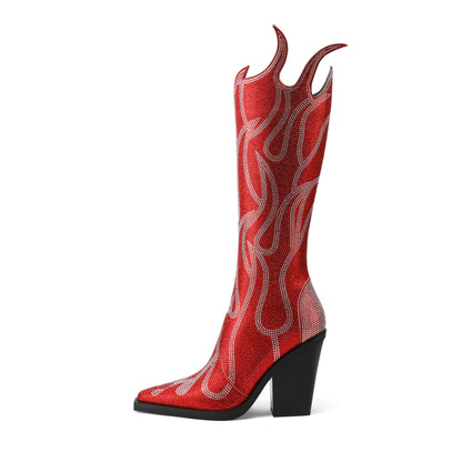 Women's Rhinestone Flame Pattern Boots, Side Zipper Chunky Heel Comfy High Knee Boots, Glitter Point Toe Dance Boots