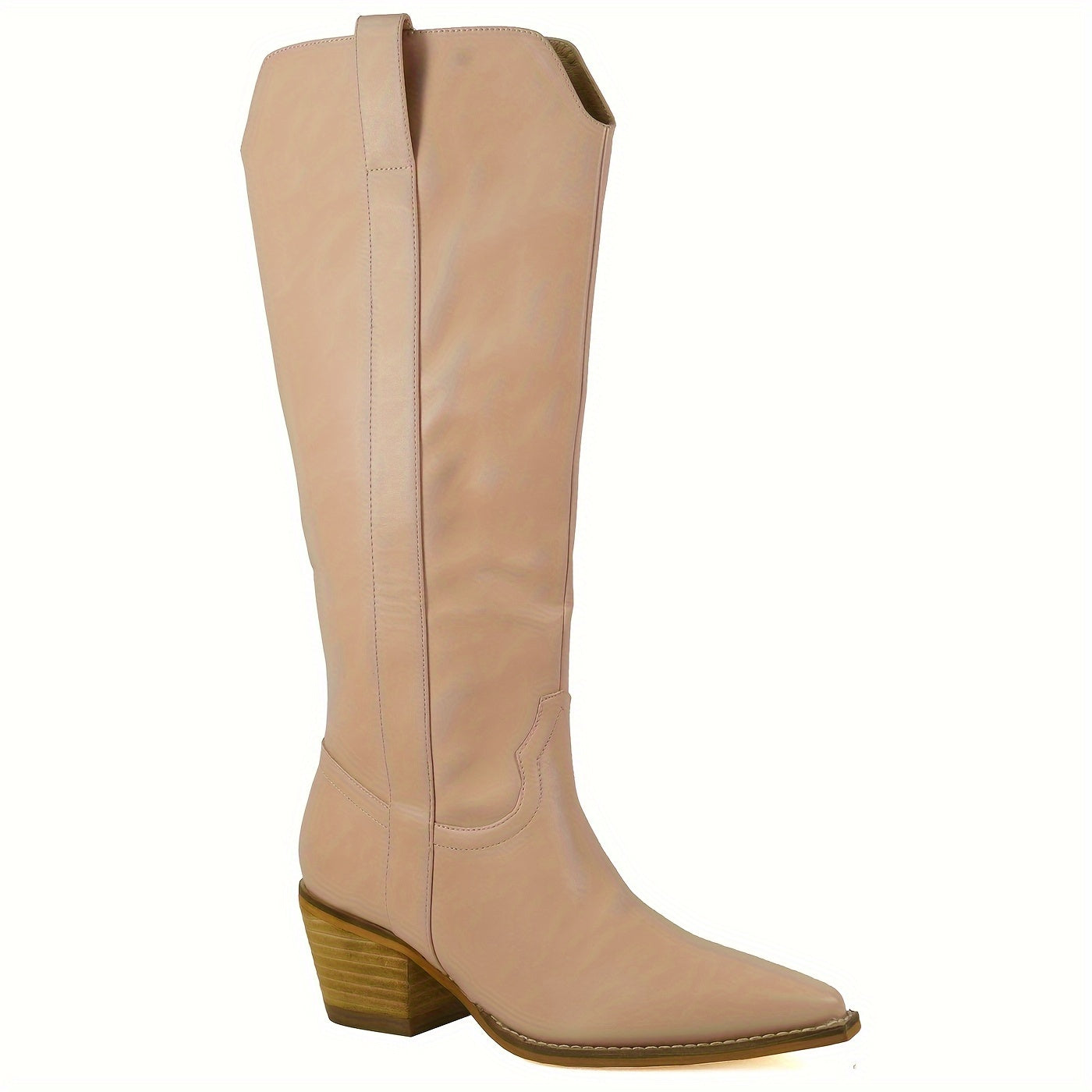 Western Cowgirl Boots - Elevated Knee-High Fashion Boots with Pointed Toe, Chunky Heel, and Solid Color - Womens Cowboy Boots for Country Chic Style