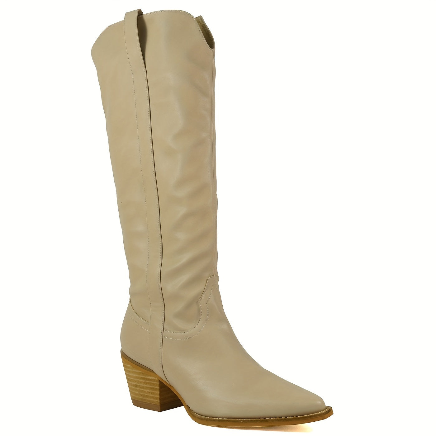 Western Cowgirl Boots - Elevated Knee-High Fashion Boots with Pointed Toe, Chunky Heel, and Solid Color - Womens Cowboy Boots for Country Chic Style