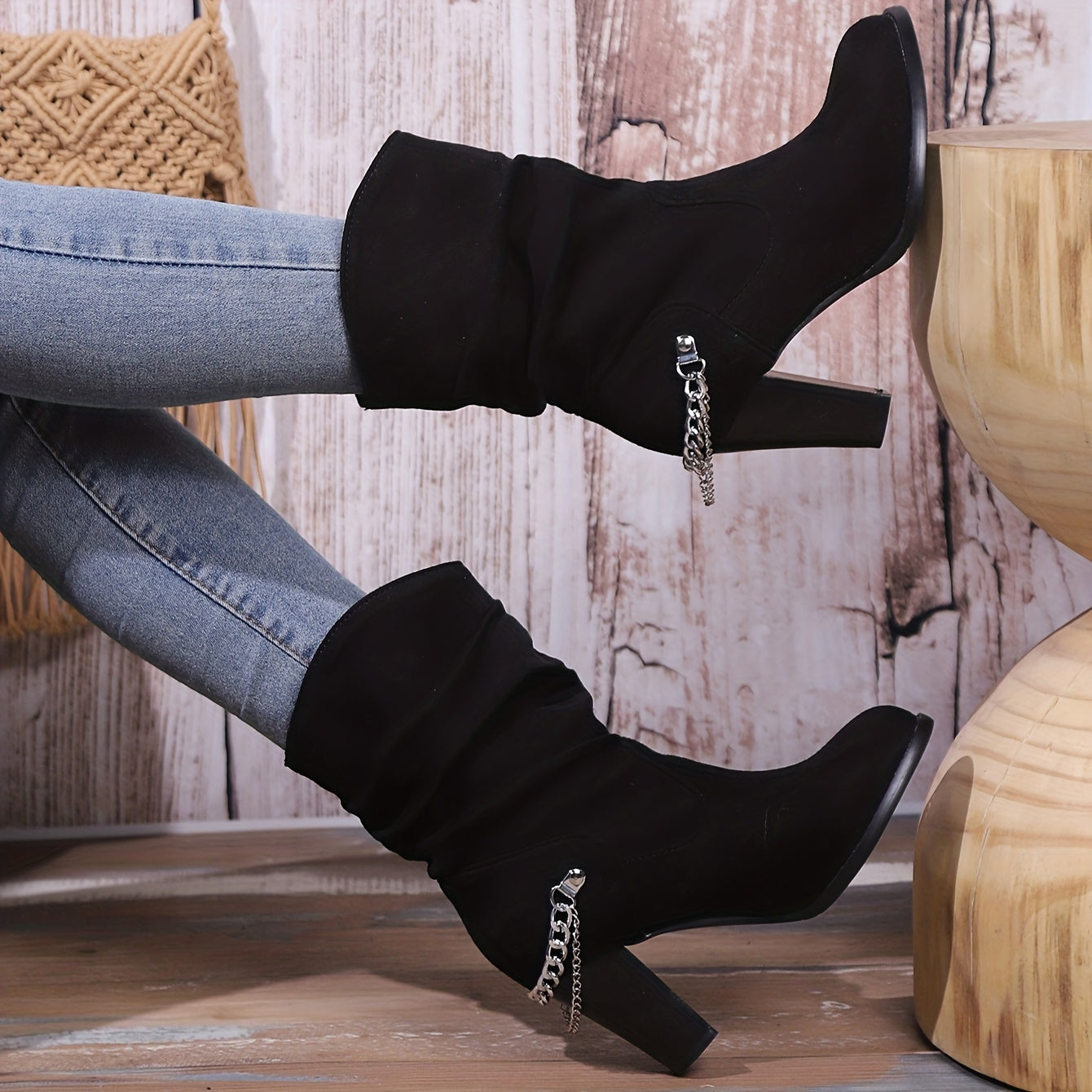 Trendy Womens Slip-On Booties - Luxurious Suedette, Comfortable Block Heel, Chic Slouch Design with Eye-Catching Chain Detail