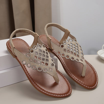Womens Chic Rhinestone Boho Sandals - Stretchy Ankle Support for Summer Getaways - Toe Post Thong Design, Fashionable & Comfortable